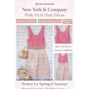 New York & Company Pink Fit & Flare Dress Medium Colorful Textured Skirt Summer
